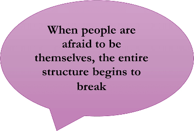 A purple speech bubble containing a motivational quote in black text that reads, “When people are afraid to be themselves, the entire structure begins to break,” presented on a clean, minimalist background. A purple speech bubble containing a motivational quote in black text that reads, “When people are afraid to be themselves, the entire structure begins to break,” presented on a clean, minimalist background.