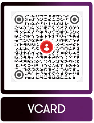 A QR code with a red user‑profile icon in the centre, displayed above a label that reads “vCard” on a dark gradient background. A QR code with a red user‑profile icon in the centre, displayed above a label that reads “vCard” on a dark gradient background.
