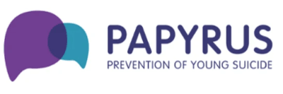 A logo featuring a purple and teal speech‑bubble shape beside the word “PAPYRUS” in bold uppercase letters, with the tagline “Prevention of Young Suicide” written below. A logo featuring a purple and teal speech‑bubble shape beside the word “PAPYRUS” in bold uppercase letters, with the tagline “Prevention of Young Suicide” written below.