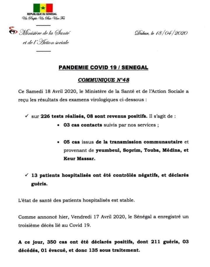 Communique from the Minister of Health of Senegal, April 17, 2020. Communique from the Minister of Health of Senegal, April 17, 2020.
