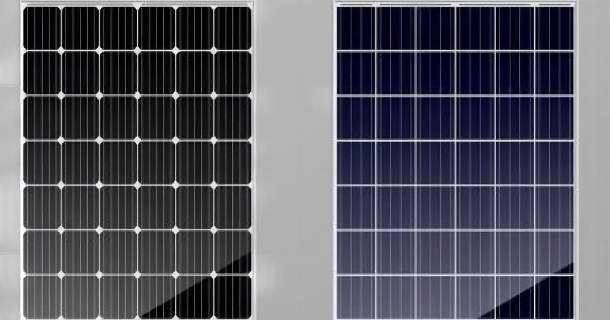 Vergleich der Moduloptik: schwarzes monokristallines Modul (links) vs. blaues polykristallines Modul (rechts) Vergleich der Moduloptik: schwarzes monokristallines Modul (links) vs. blaues polykristallines Modul (rechts)