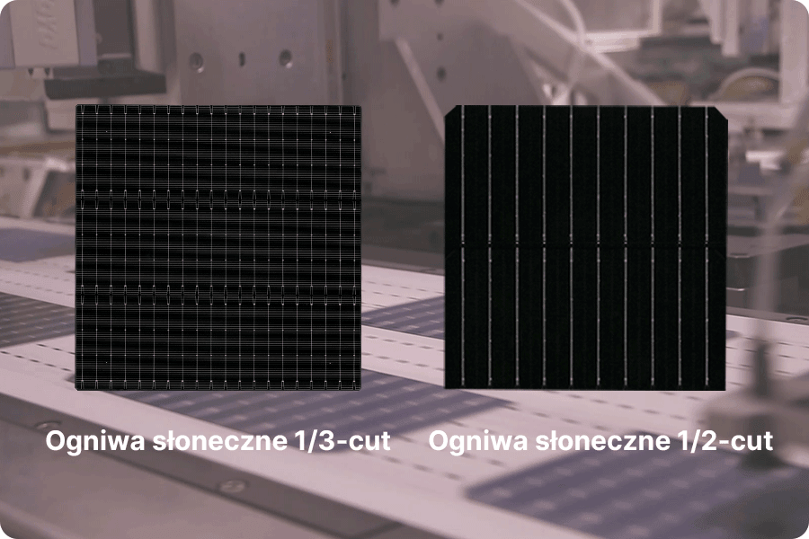 Porównanie ogniw TOPCon typu half-cut i 1/3-cut. Porównanie ogniw TOPCon typu half-cut i 1/3-cut.