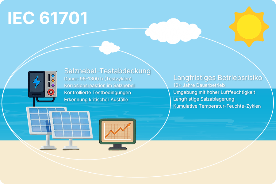 Schematische Darstellung der Unterschiede zwischen dem Prüfumfang der IEC-61701-Salzsprühnebelprüfung und den langfristigen Risikoverläufen von Solarmodulen in Küsten- und Hochfeuchteumgebungen. Schematische Darstellung der Unterschiede zwischen dem Prüfumfang der IEC-61701-Salzsprühnebelprüfung und den langfristigen Risikoverläufen von Solarmodulen in Küsten- und Hochfeuchteumgebungen.