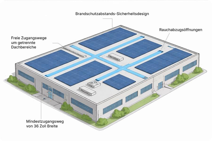 Schematische Darstellung eines brandschutzgerechten Layouts einer gewerblichen Dach-PV-Anlage mit Wartungswegen, Brandabschnitten und Rauchabzugsbereichen Schematische Darstellung eines brandschutzgerechten Layouts einer gewerblichen Dach-PV-Anlage mit Wartungswegen, Brandabschnitten und Rauchabzugsbereichen