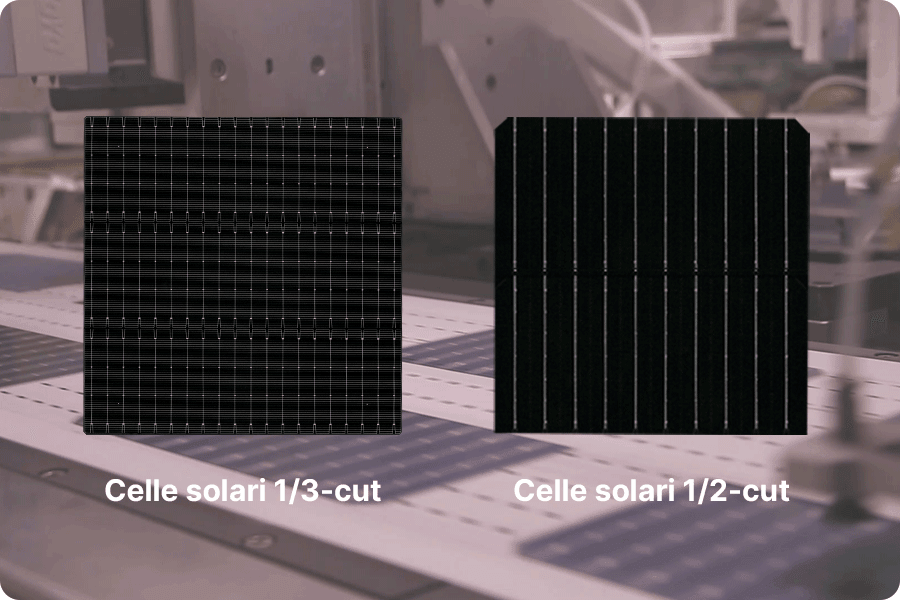 confronto tra celle half-cut TOPCon e celle triple-cut. confronto tra celle half-cut TOPCon e celle triple-cut.