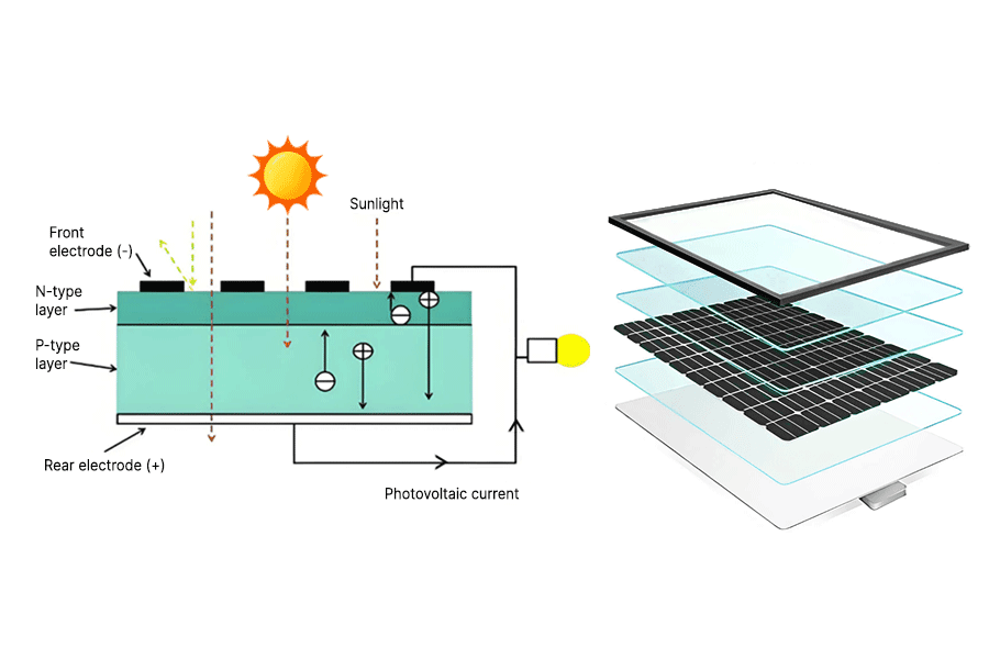 Sezione strutturale di un modulo fotovoltaico, che mostra la composizione a strati dal vetro, ai materiali d’incapsulamento, alle celle e al backsheet, illustrando come la struttura interna influenzi l’efficienza di generazione. Sezione strutturale di un modulo fotovoltaico, che mostra la composizione a strati dal vetro, ai materiali d’incapsulamento, alle celle e al backsheet, illustrando come la struttura interna influenzi l’efficienza di generazione.