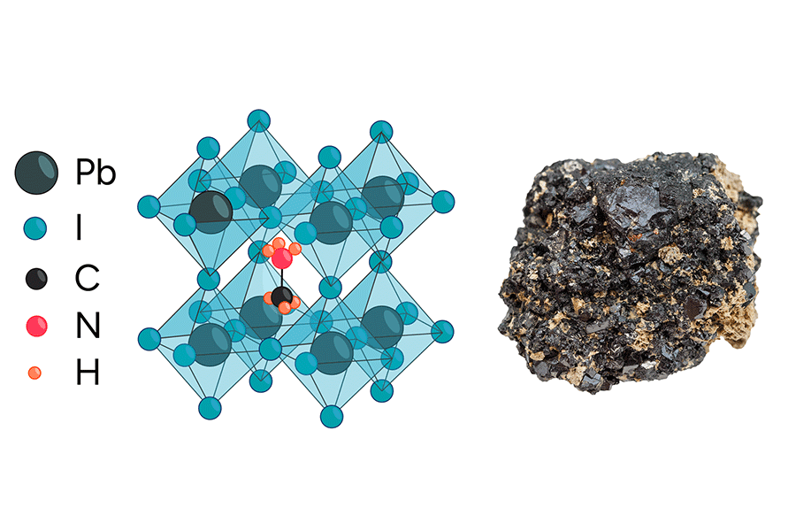Schema della struttura cristallina della perovskite (ABX₃) e campione di minerale naturale. Schema della struttura cristallina della perovskite (ABX₃) e campione di minerale naturale.