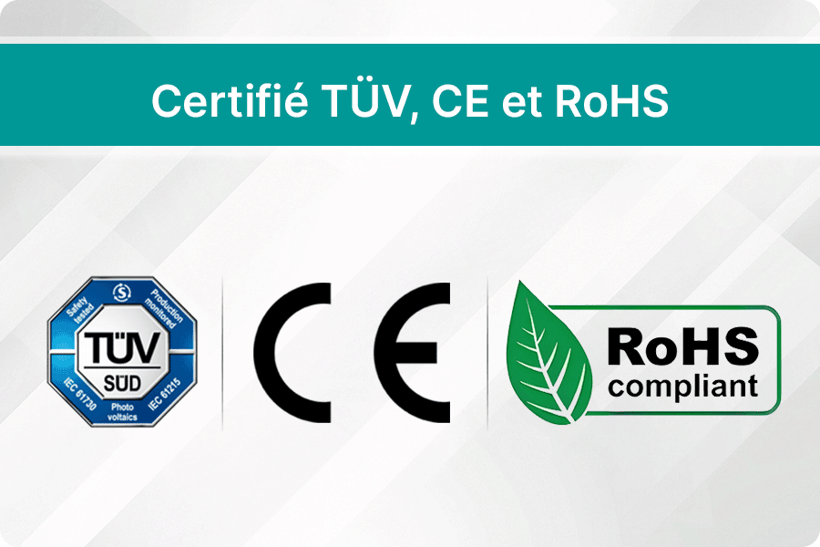 Logos de certification internationale TÜV, CE et RoHS sur des panneaux photovoltaïques, indiquant la conformité aux normes IEC de sécurité et de qualité Logos de certification internationale TÜV, CE et RoHS sur des panneaux photovoltaïques, indiquant la conformité aux normes IEC de sécurité et de qualité