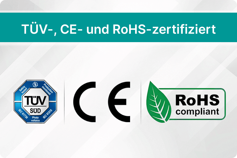 TÜV-, CE- und RoHS-Zertifizierungskennzeichnungen auf Photovoltaikmodulen als Nachweis der Einhaltung von IEC-Sicherheits- und Qualitätsstandards TÜV-, CE- und RoHS-Zertifizierungskennzeichnungen auf Photovoltaikmodulen als Nachweis der Einhaltung von IEC-Sicherheits- und Qualitätsstandards