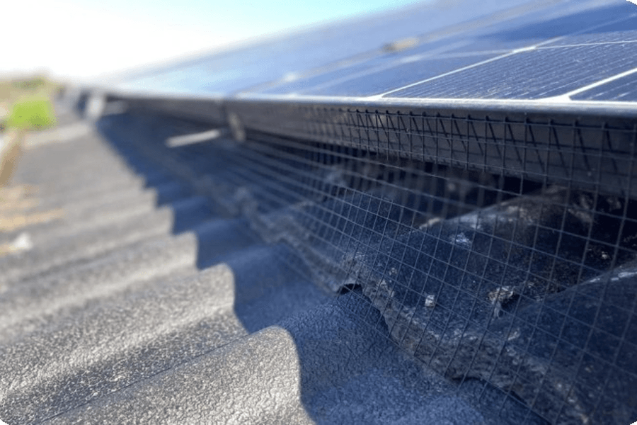 Dach-PV-Anlage mit installiertem Vogelschutznetz zur Verringerung von Staub- und Vogelnestablagerungen Dach-PV-Anlage mit installiertem Vogelschutznetz zur Verringerung von Staub- und Vogelnestablagerungen