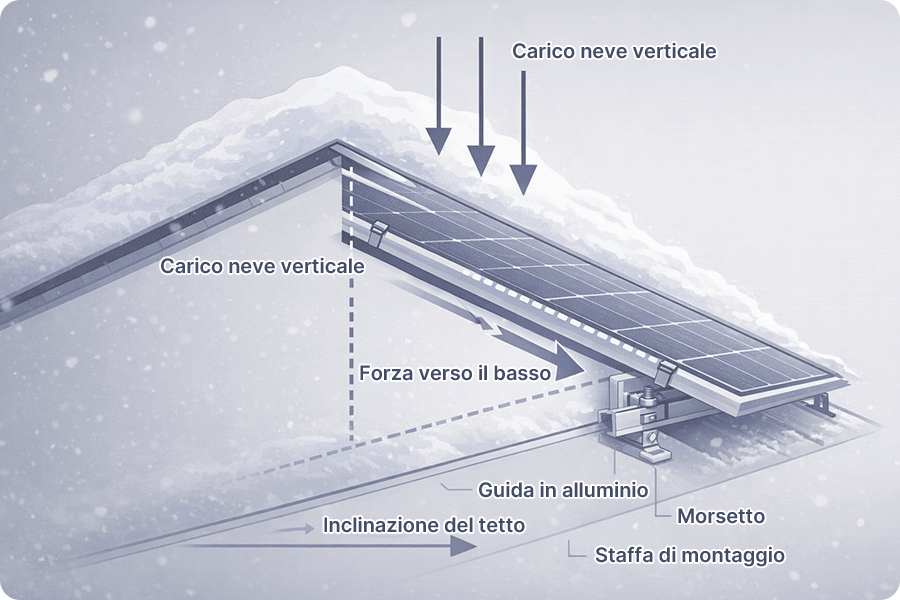 schema della trasmissione del carico neve attraverso il modulo e la struttura di supporto in condizioni invernali schema della trasmissione del carico neve attraverso il modulo e la struttura di supporto in condizioni invernali