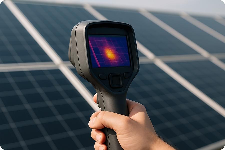 Mit einer Wärmebildkamera werden Hotspots auf der Oberfläche von PV-Modulen sichtbar gemacht Mit einer Wärmebildkamera werden Hotspots auf der Oberfläche von PV-Modulen sichtbar gemacht
