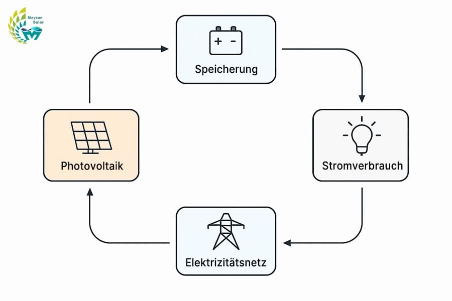 Energie-System-Schließkreis-Strukturdiagramm: PV, Speicher, Verbrauch und Netz Energie-System-Schließkreis-Strukturdiagramm: PV, Speicher, Verbrauch und Netz