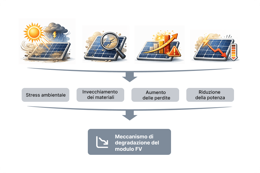 Schema dei meccanismi di degradazione dei pannelli fotovoltaici che mostra come stress ambientali, invecchiamento dei materiali e aumento delle perdite resistive possano ridurre la produzione di energia. Schema dei meccanismi di degradazione dei pannelli fotovoltaici che mostra come stress ambientali, invecchiamento dei materiali e aumento delle perdite resistive possano ridurre la produzione di energia.