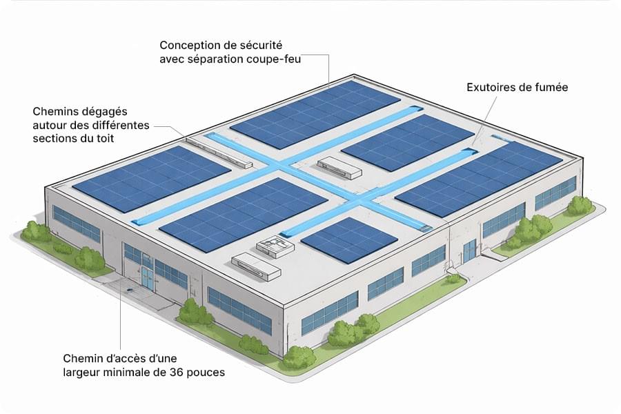 Schéma de conception de sécurité incendie d’une installation photovoltaïque en toiture commerciale, avec couloirs de maintenance, zones coupe-feu et voies d’évacuation des fumées Schéma de conception de sécurité incendie d’une installation photovoltaïque en toiture commerciale, avec couloirs de maintenance, zones coupe-feu et voies d’évacuation des fumées