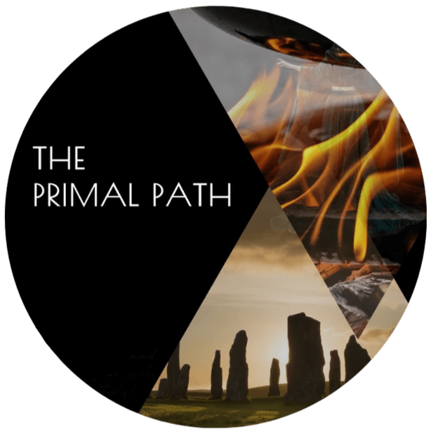 The graphic is divided into three sections. To the left of the image is a plain black area with the words The Primal Path. To the top left of the photograph is an image of a roaring fire, while the bottom left features a set of tall standing stones against the horizon. The graphic is divided into three sections. To the left of the image is a plain black area with the words The Primal Path. To the top left of the photograph is an image of a roaring fire, while the bottom left features a set of tall standing stones against the horizon.