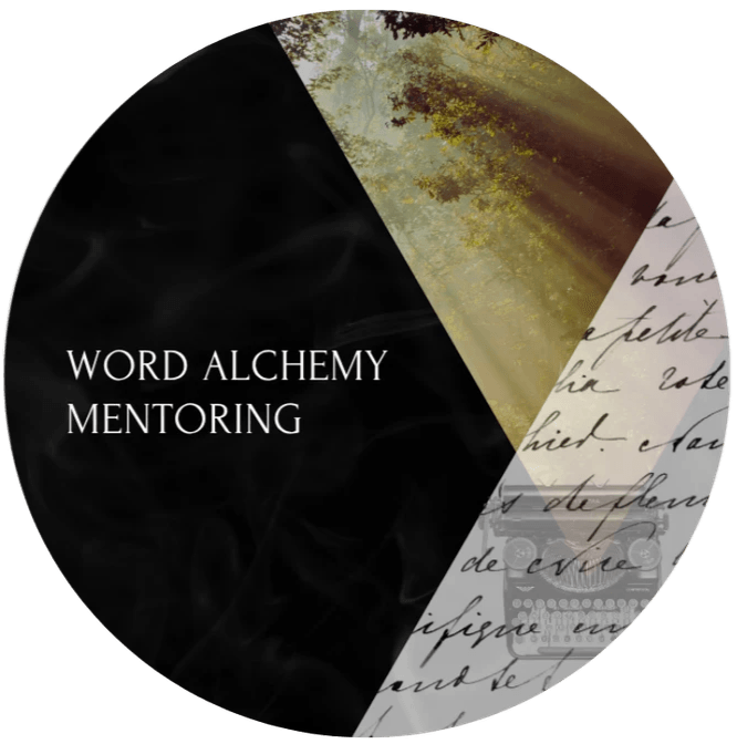 A circular image divided into three. On the left of the image is a black space with the words "Word Alchemy Mentoring" in white text. The top right is an image of sunlight breaking through the canopy of trees, while the bottom right is a page of cursive handwriting on paper, with a typewriter visible behind. A circular image divided into three. On the left of the image is a black space with the words "Word Alchemy Mentoring" in white text. The top right is an image of sunlight breaking through the canopy of trees, while the bottom right is a page of cursive handwriting on paper, with a typewriter visible behind.