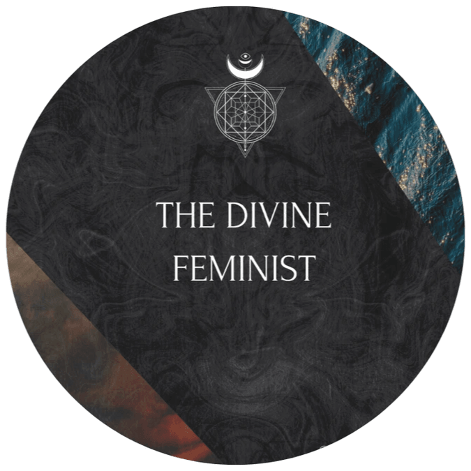 A square image divided into three. In the bottom left corner is a red and black triangle resembling fire, while in the top right corner is a blue image resembling water. Between is a textured black image with the words "The Divine Feminist" written in white, alongside Ceryn Rowntree's logo. A square image divided into three. In the bottom left corner is a red and black triangle resembling fire, while in the top right corner is a blue image resembling water. Between is a textured black image with the words "The Divine Feminist" written in white, alongside Ceryn Rowntree's logo.