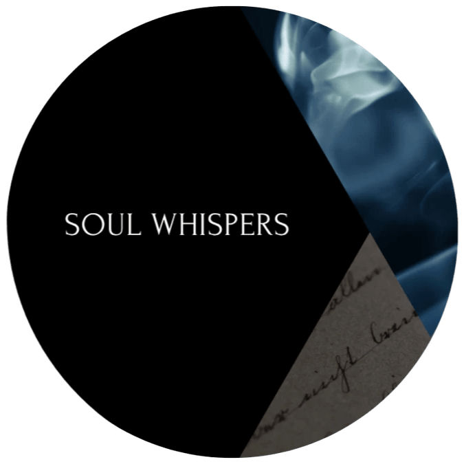 A circular image divided into three. On the left of the image is a black space with the words "Soul Whispers" in white text. The top right is a blue-grey image that looks like smoke, while the bottom right is a page of cursive handwriting on paper. A circular image divided into three. On the left of the image is a black space with the words "Soul Whispers" in white text. The top right is a blue-grey image that looks like smoke, while the bottom right is a page of cursive handwriting on paper.