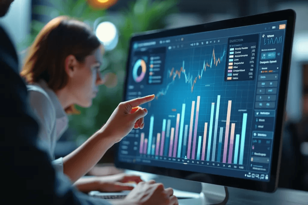 Illustration of simplified business operations using AI and data visualizations Illustration of simplified business operations using AI and data visualizations