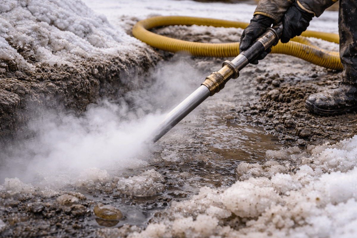 Steam and thaw service used to melt frozen ground and infrastructure during winter conditions Steam and thaw service used to melt frozen ground and infrastructure during winter conditions
