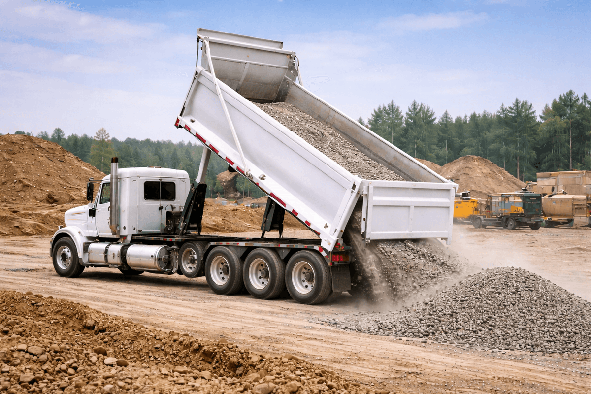 Dump truck unloading material. Dump truck unloading material.