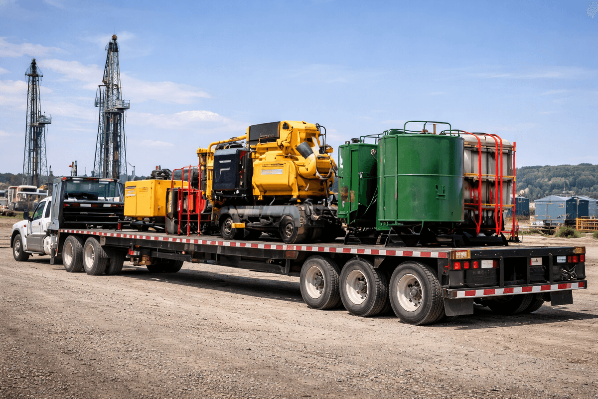 Oilfield equipment being transported on a flatbed trailer at an active wellsite. Oilfield equipment being transported on a flatbed trailer at an active wellsite.