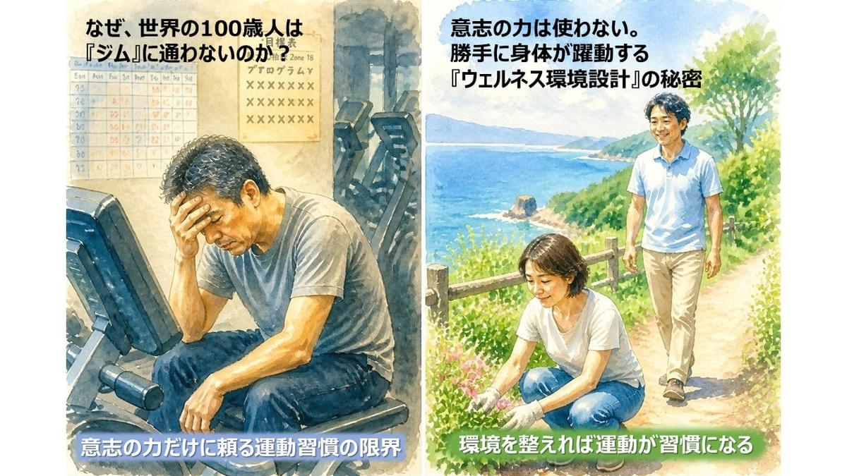 ジムの運動ノルマとブルーゾーンの自然なガーデニングの対比(健康長寿の環境設計;株式会社ウェルネスメディカル研究所)) ジムの運動ノルマとブルーゾーンの自然なガーデニングの対比(健康長寿の環境設計;株式会社ウェルネスメディカル研究所))