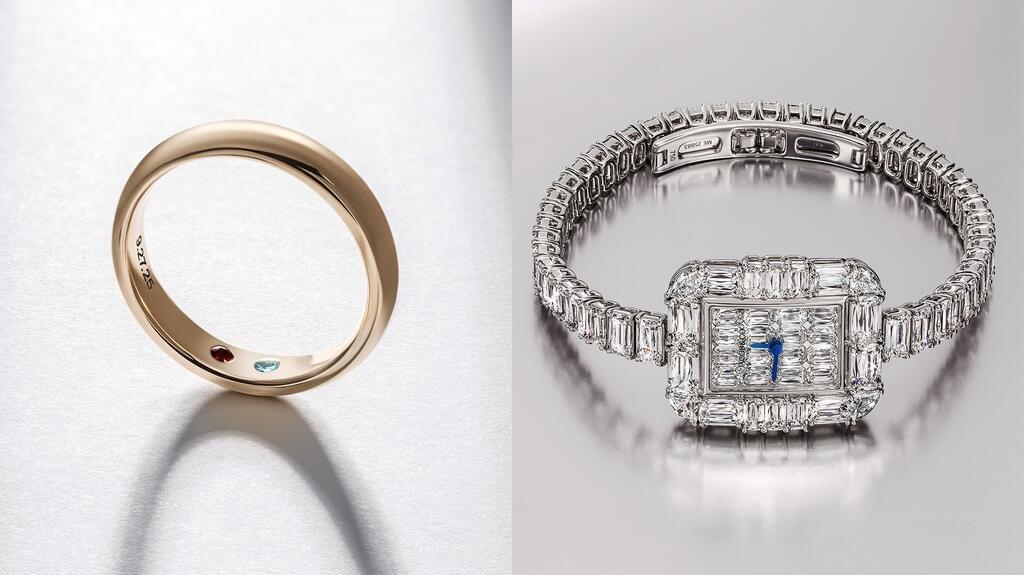 At left is Benny Blanco’s custom Jacob & Co. wedding band with a 0.03-carat ruby and a 0.03-carat aquamarine set in 18-karat yellow gold and, at right, is his 18-karat-white gold, one-of-a-kind Jacob & Co. diamond boutique watch with more than 22 carats of Ashoka-cut diamonds. At left is Benny Blanco’s custom Jacob & Co. wedding band with a 0.03-carat ruby and a 0.03-carat aquamarine set in 18-karat yellow gold and, at right, is his 18-karat-white gold, one-of-a-kind Jacob & Co. diamond boutique watch with more than 22 carats of Ashoka-cut diamonds.