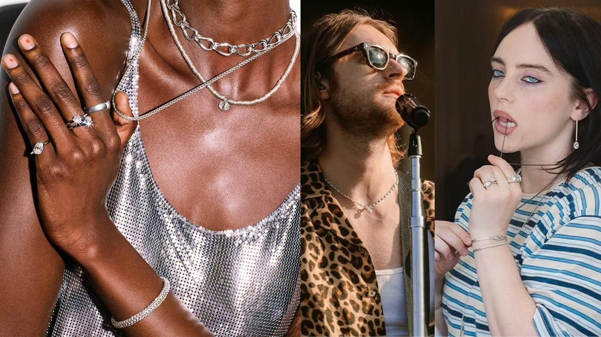 The John Hardy “Lovestruck” collection features lab-grown diamonds with proprietary cuts inspired by the brand’s pebble design. Finneas, middle, and Billie Eilish, right, are seen wearing pieces from the collection. The John Hardy “Lovestruck” collection features lab-grown diamonds with proprietary cuts inspired by the brand’s pebble design. Finneas, middle, and Billie Eilish, right, are seen wearing pieces from the collection.