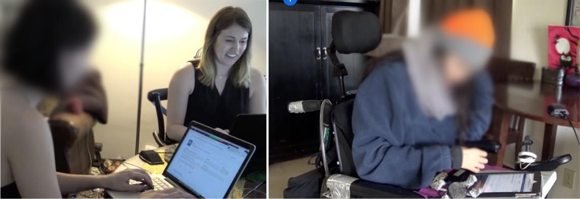 Photos of me working with participants on the study. One participant is working on a laptop from a table. Another participant is working on an iPad from her wheelchair. Photos of me working with participants on the study. One participant is working on a laptop from a table. Another participant is working on an iPad from her wheelchair.