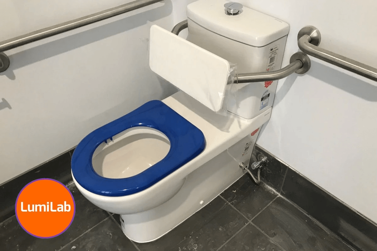 Accessible toilet with a blue seat, grabrails, and a padded backrest in a tiled restroom. Accessible toilet with a blue seat, grabrails, and a padded backrest in a tiled restroom.