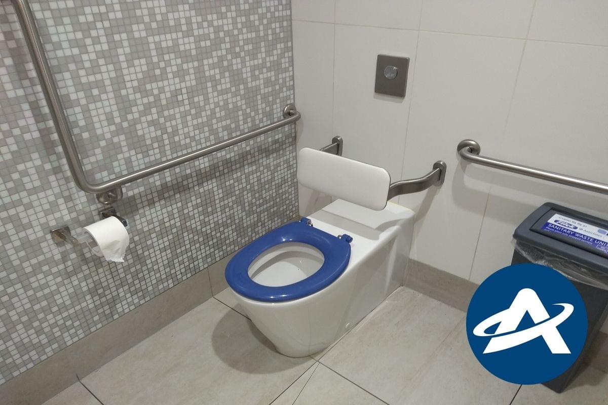 An accessible toilet in a corner of a room with a blue seat and grabrails (2) An accessible toilet in a corner of a room with a blue seat and grabrails (2)