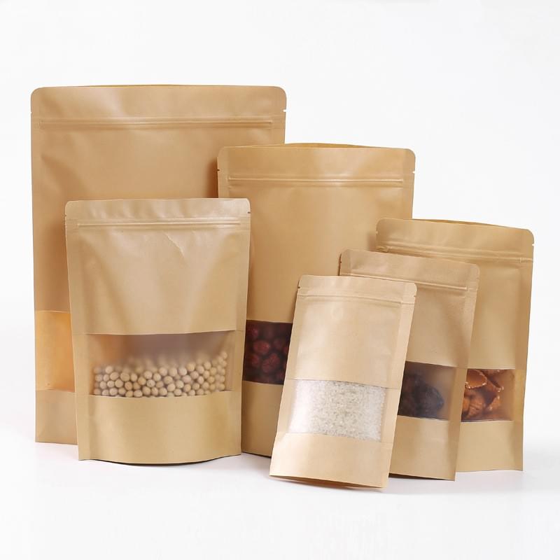 Windowed kraft paper bags Dried fruit and food packaging bags Frosted kraft paper self-sealing bag