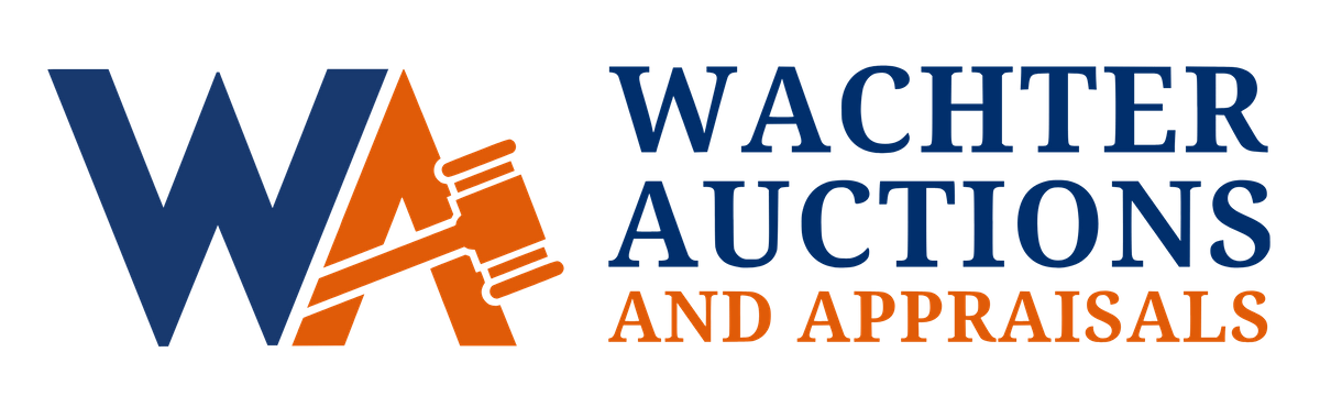 Wachter Auctions and Appraisals Logo Blue W, Orange A with the auction gavel crossing the A Wachter Auctions and Appraisals Logo Blue W, Orange A with the auction gavel crossing the A