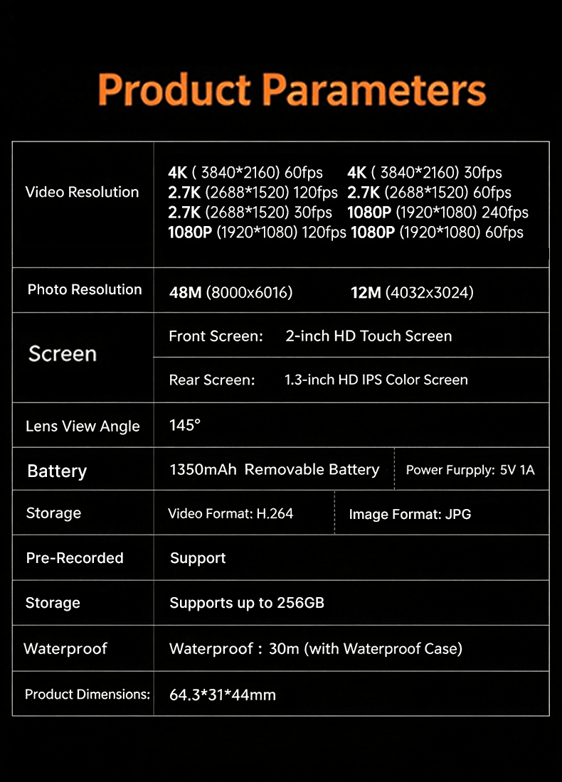 High‑Res Dual‑Screen Thumb Action Camera