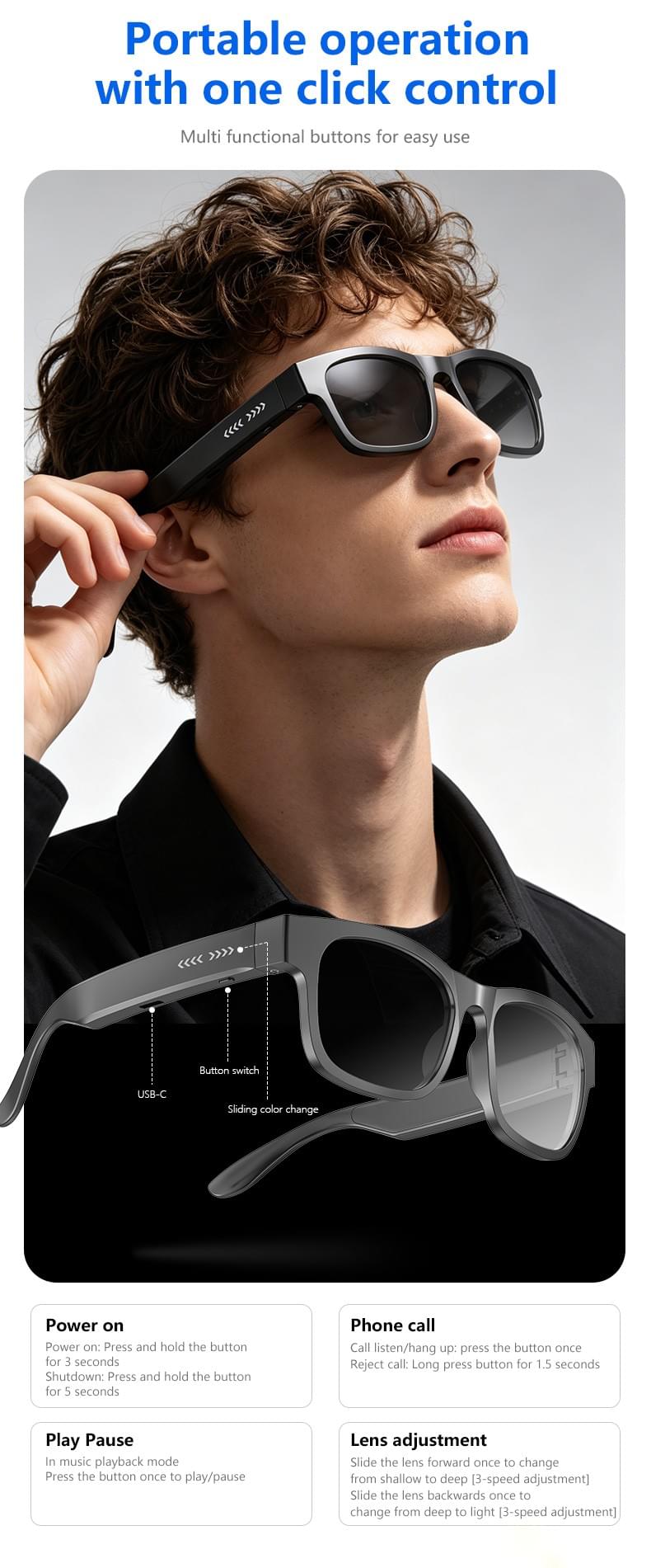 IG-09 Photochromic Smart Glasses,130mAh,UV380,Button+Touch,CE RoHS FCC PPE