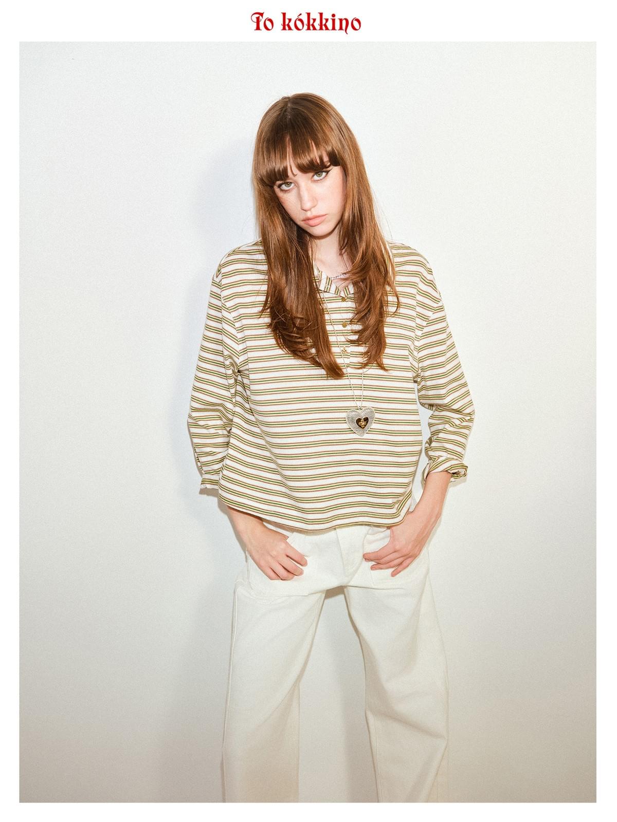 tokokkino「Quiet Stripes」Polo Collar Striped Top * Imported Japanese Fabric