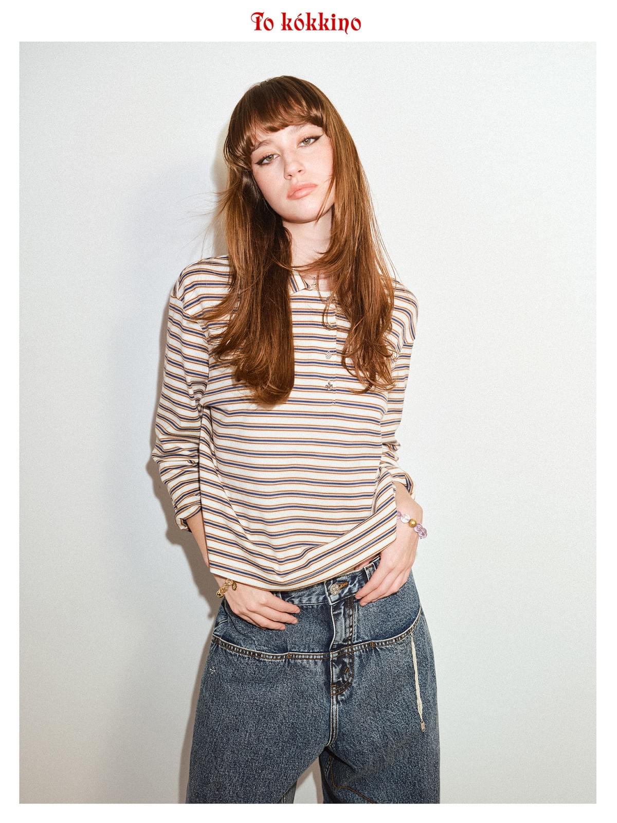 tokokkino「Quiet Stripes」Polo Collar Striped Top * Imported Japanese Fabric