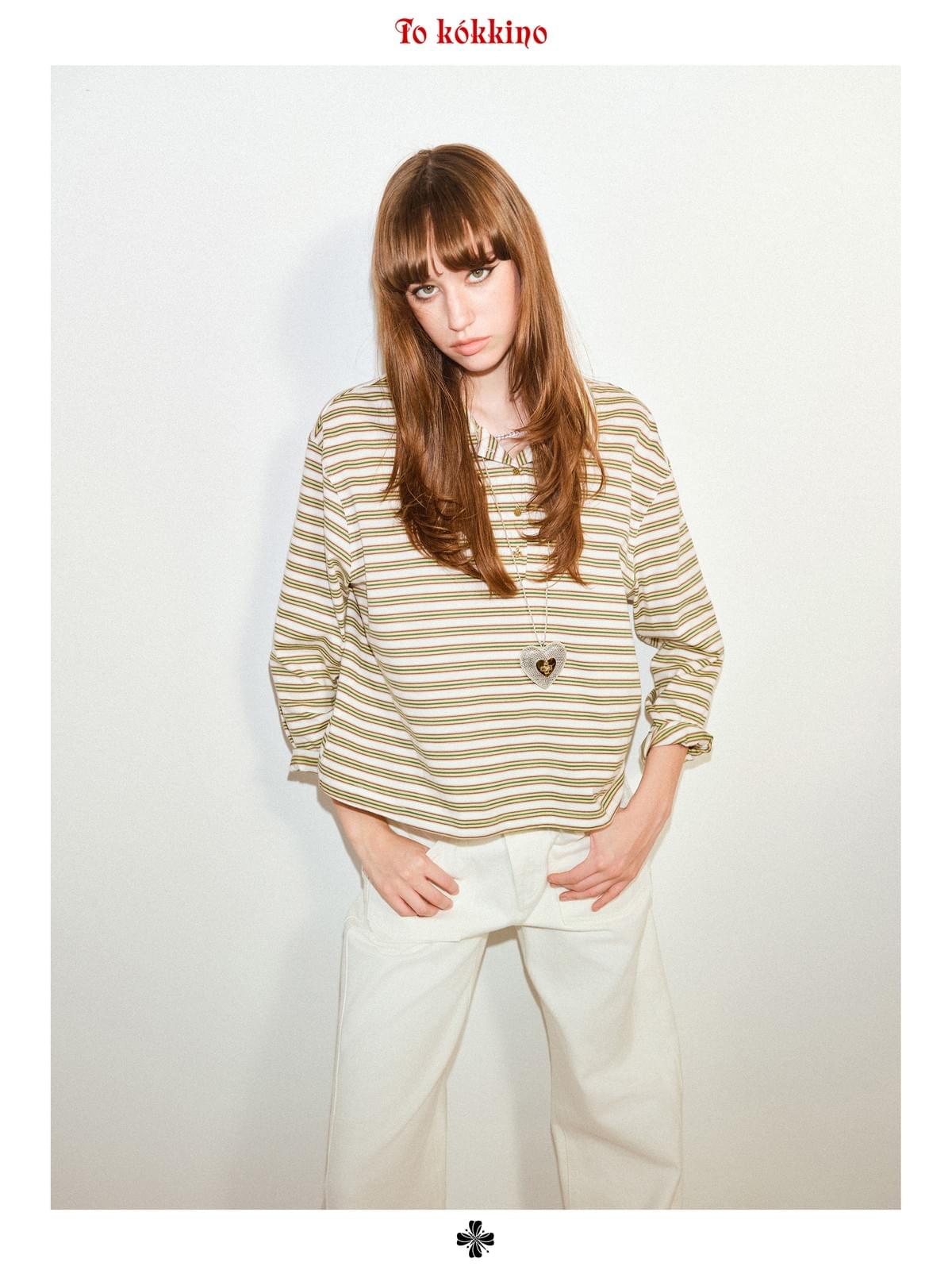 tokokkino「Quiet Stripes」Polo Collar Striped Top * Imported Japanese Fabric