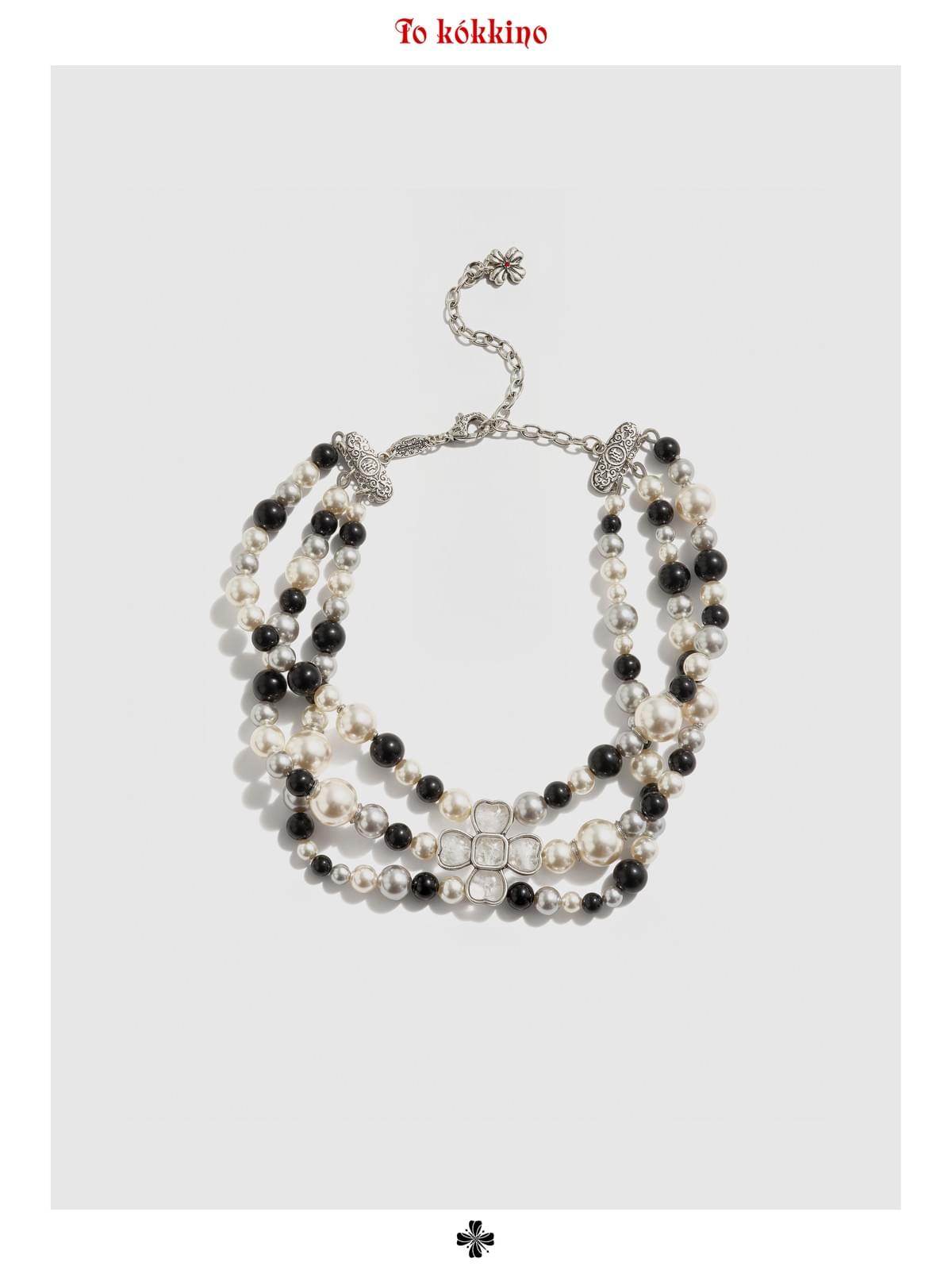 tokokkino 'Cold Light' Three-layer Black and White Pearl White Crystal Short Necklace