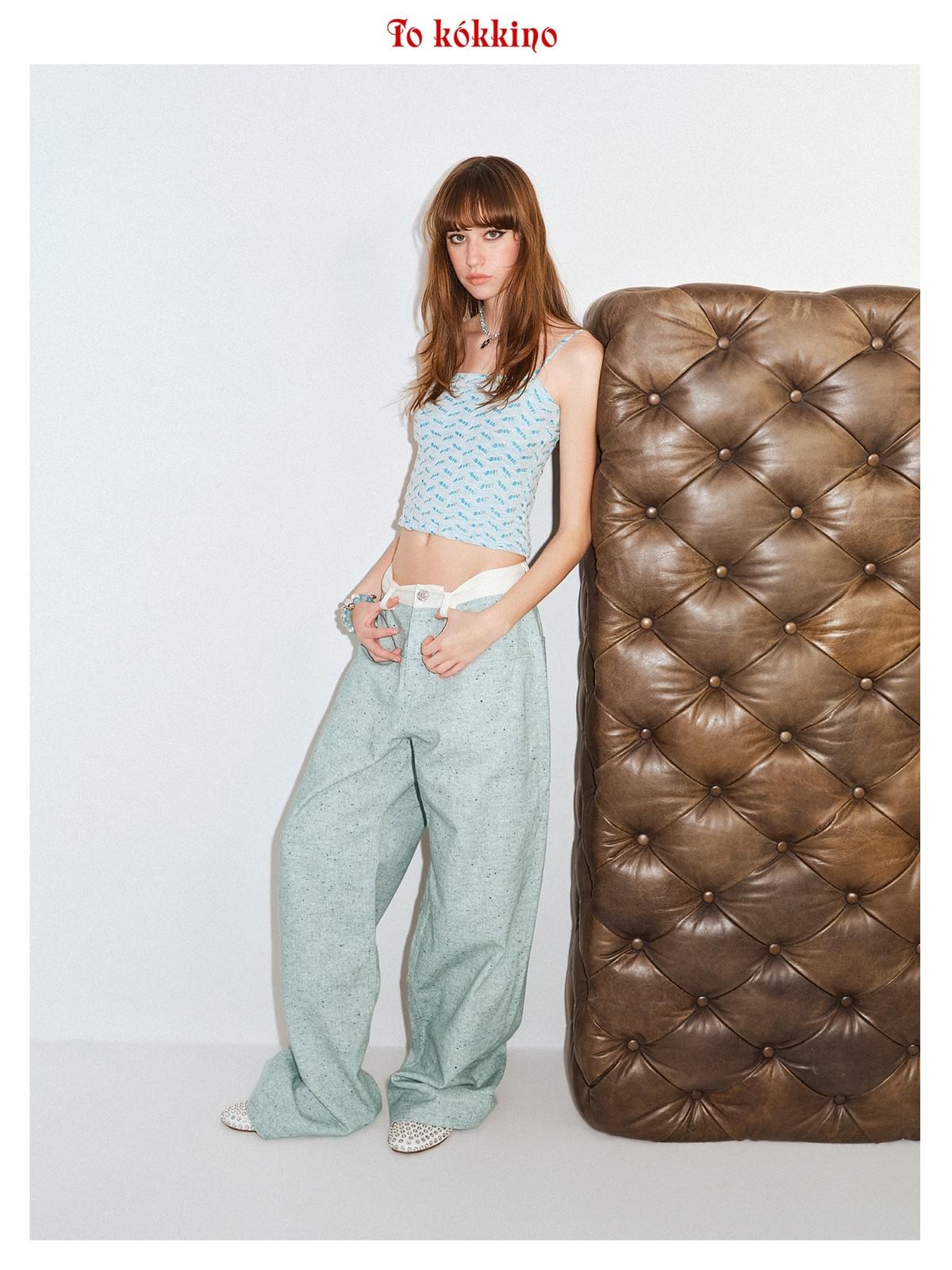 tokokkino「Shallow Shore White Line」Straight Leg Long Pants with Patchwork