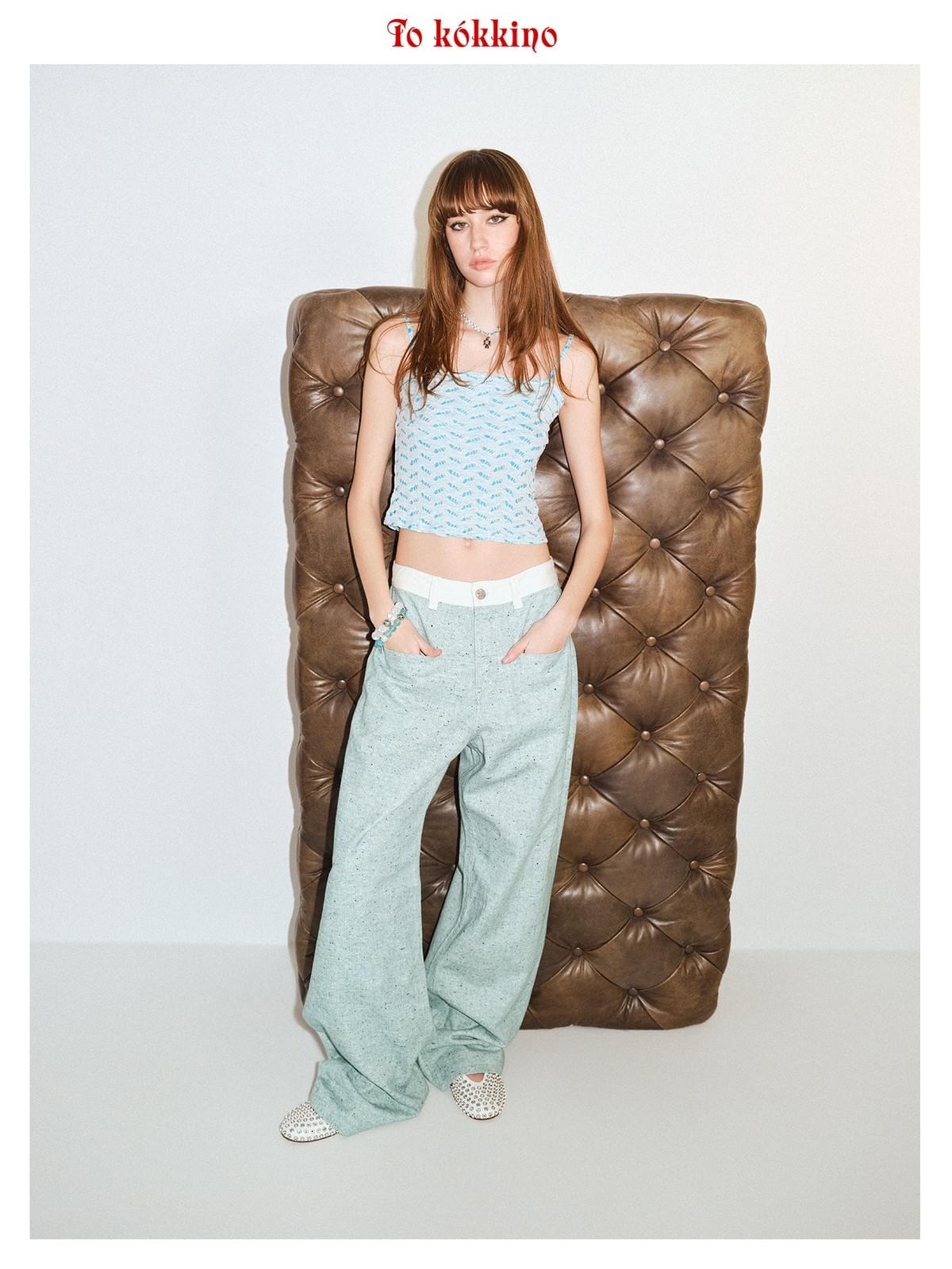tokokkino「Shallow Shore White Line」Straight Leg Long Pants with Patchwork