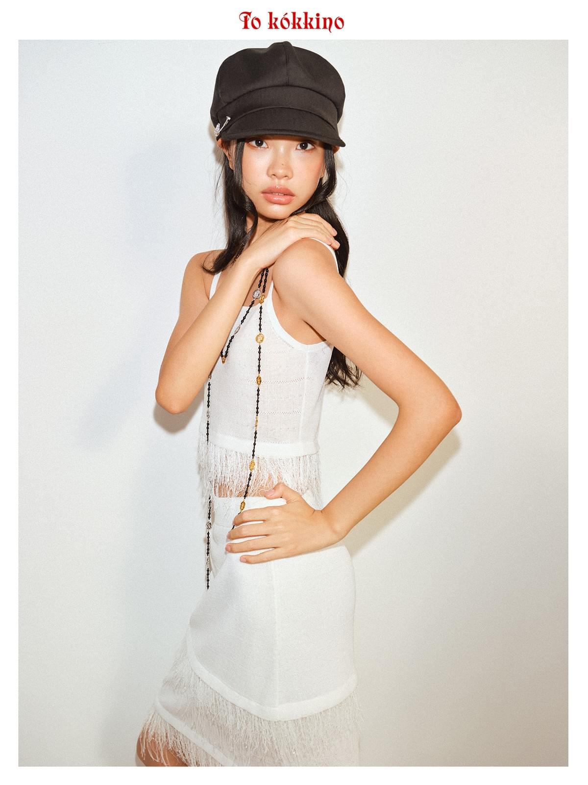 tokokkino 'Tide' Strap Fringe Short Skirt Linen Set