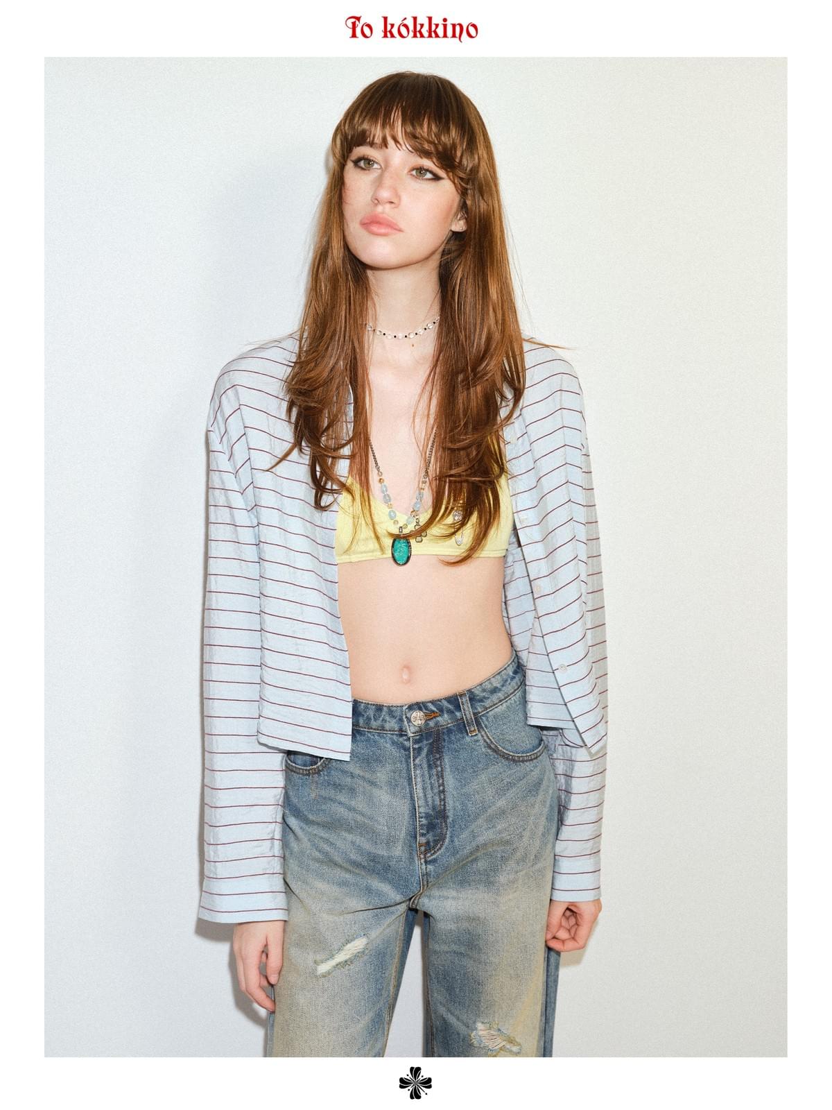 tokokkino「Distorted Tides」Striped Short Shirt * Imported Turkish Fabric