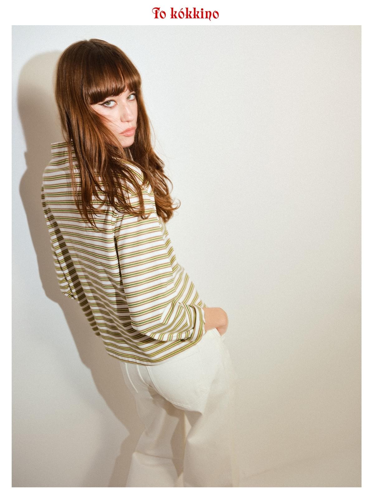 tokokkino「Quiet Stripes」Polo Collar Striped Top * Imported Japanese Fabric