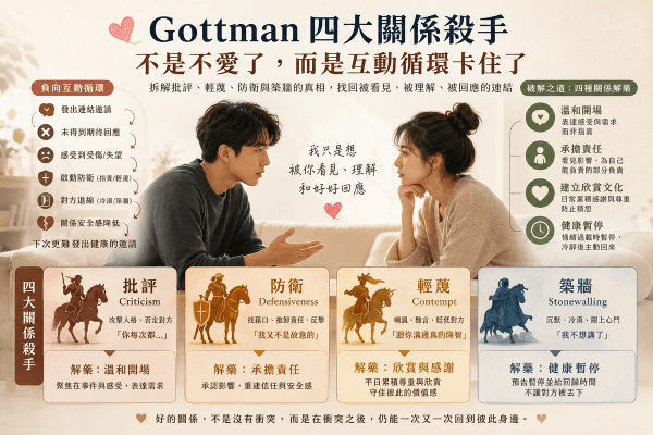 Gottman的關係四大殺手(四騎士)是什麼?心理師解析批評、輕蔑、防衛與築牆的解藥|邀請戀愛學 Gottman的關係四大殺手(四騎士)是什麼?心理師解析批評、輕蔑、防衛與築牆的解藥|邀請戀愛學