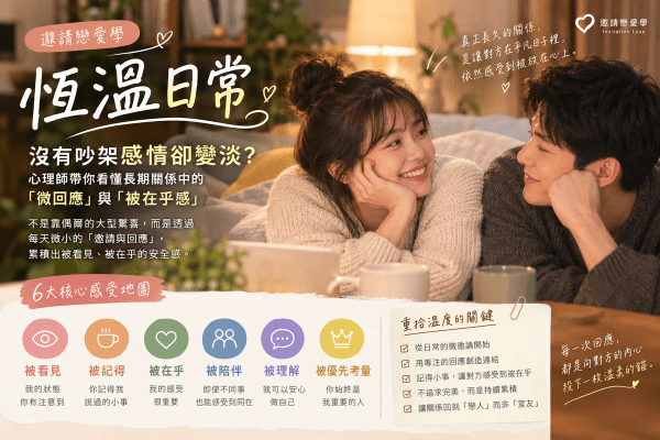 《恆溫日常》沒有吵架感情卻變淡?心理師帶你看懂長期關係中的「微回應」與「被在乎感」|邀請戀愛學 《恆溫日常》沒有吵架感情卻變淡?心理師帶你看懂長期關係中的「微回應」與「被在乎感」|邀請戀愛學