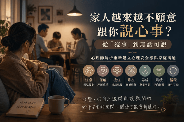 家人越來越不願意跟你說心事?從「沒事」到無話可說,心理師解析重新建立心理安全感與家庭溝通|回應心理學 家人越來越不願意跟你說心事?從「沒事」到無話可說,心理師解析重新建立心理安全感與家庭溝通|回應心理學