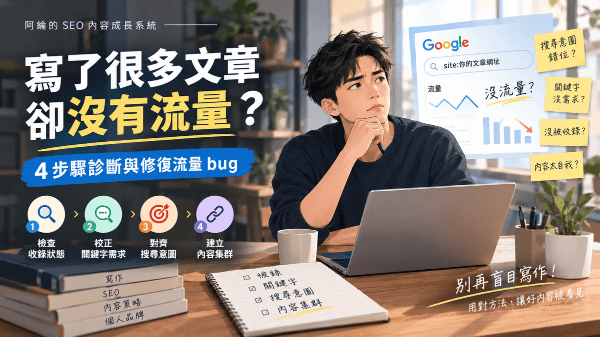 寫了很多文章卻沒有流量?4步驟診斷與修復流量bug|阿綸的SEO內容成長系統 寫了很多文章卻沒有流量?4步驟診斷與修復流量bug|阿綸的SEO內容成長系統